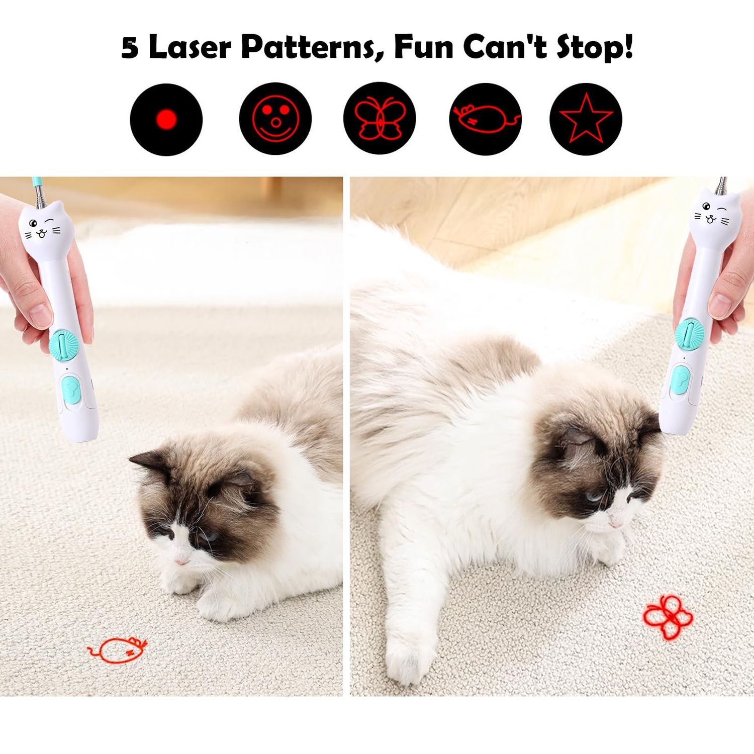 Cat Toys for Indoor Cats Retractable Cat Wand, with Feather & Mice, 3-in-1 Laser Pointer Interactive Cat Toy, 5 Modes, Kitten Toy for Indoor Cat and Dog (Green)