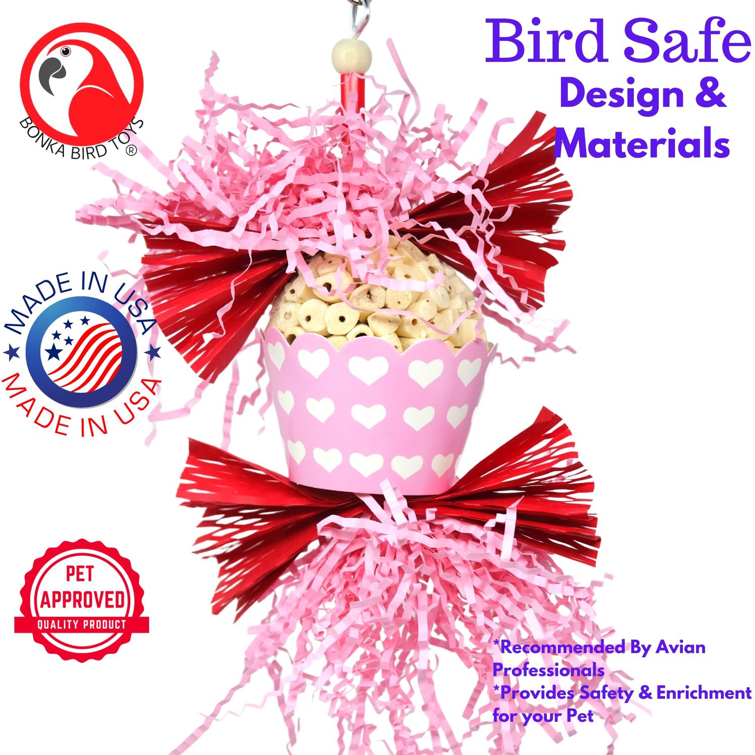 Bonka Bird Toys 1000 Sola Love - 7" H x 4" W, Natural Sola Ball with Vibrant Paper Decorations, Cockatiels, Parakeets, Conures, and Similar Sized Breeds.