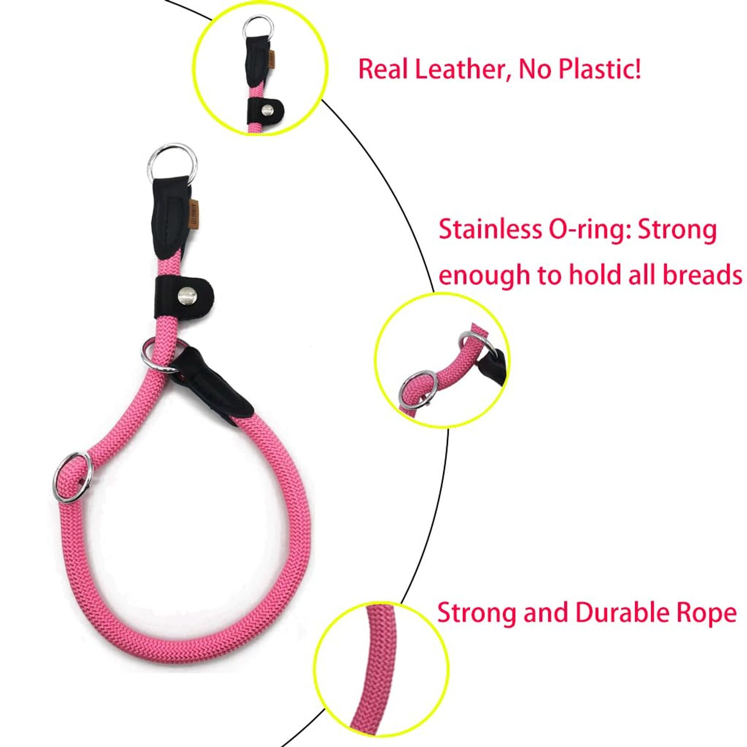Aiminto Braided Round Martingale Dog Collar, Training Collar with Slidable Stop Ring and Adjustable Stopper - Ideal for Small Dogs (S(1/4") - 14" Long, Pink)