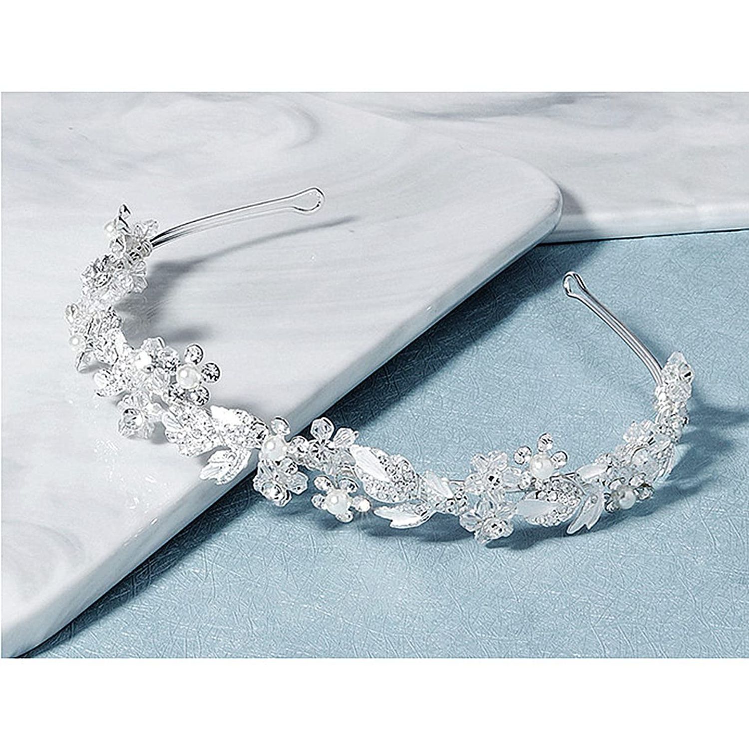SINIDE Bridal Headpiece Handmade Wedding Headband, Rhinestone Pearl Wedding Hair Accessories, Silver Wedding Tiara for Women, Ladies, Flower Girl Hair Vine
