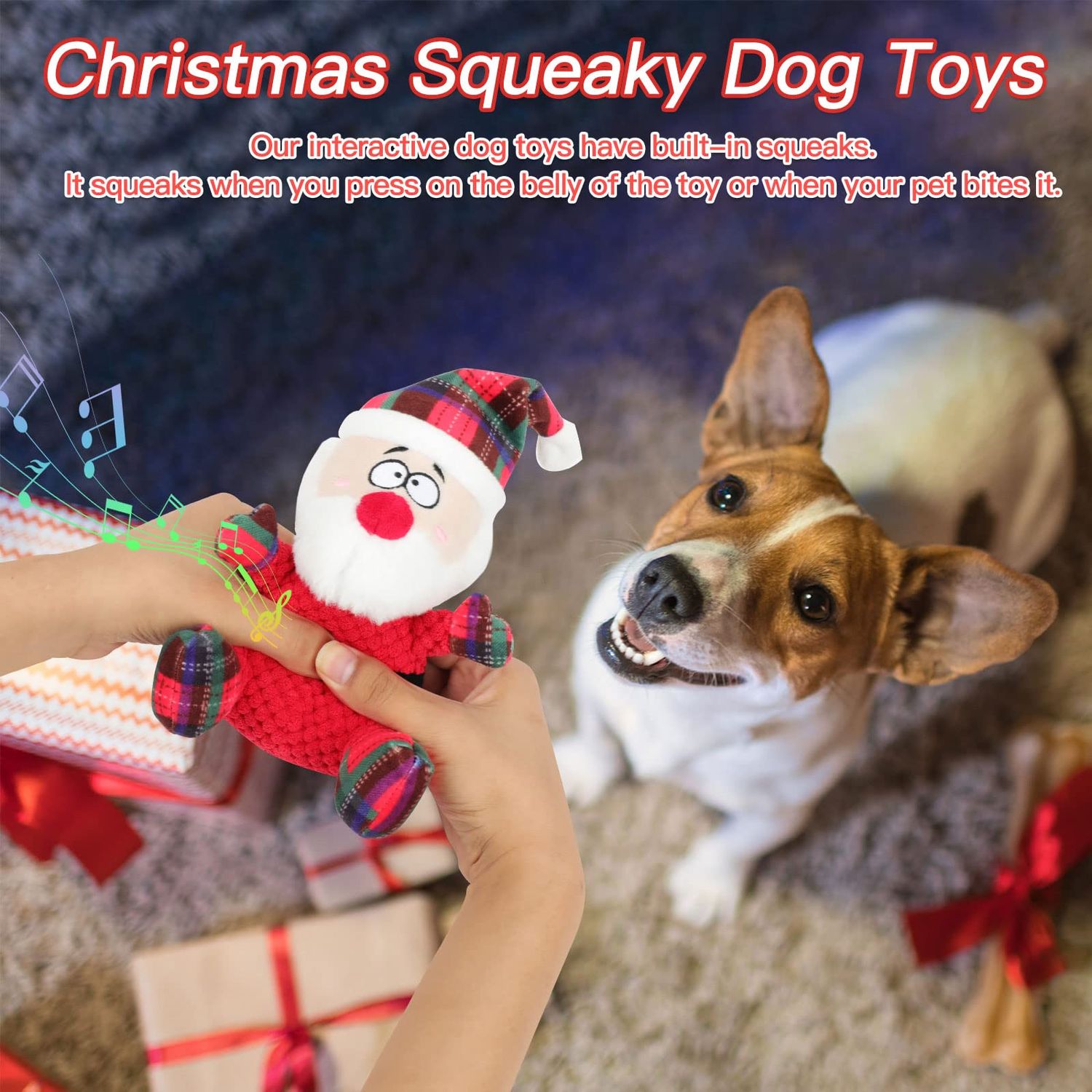 YUEPET Christmas Dog Squeaky Toys, Plush Dog Toys for Cleaning Teeth, Funny Santa Interactive Dog Toys Suitable for Puppies Small Medium Dogs