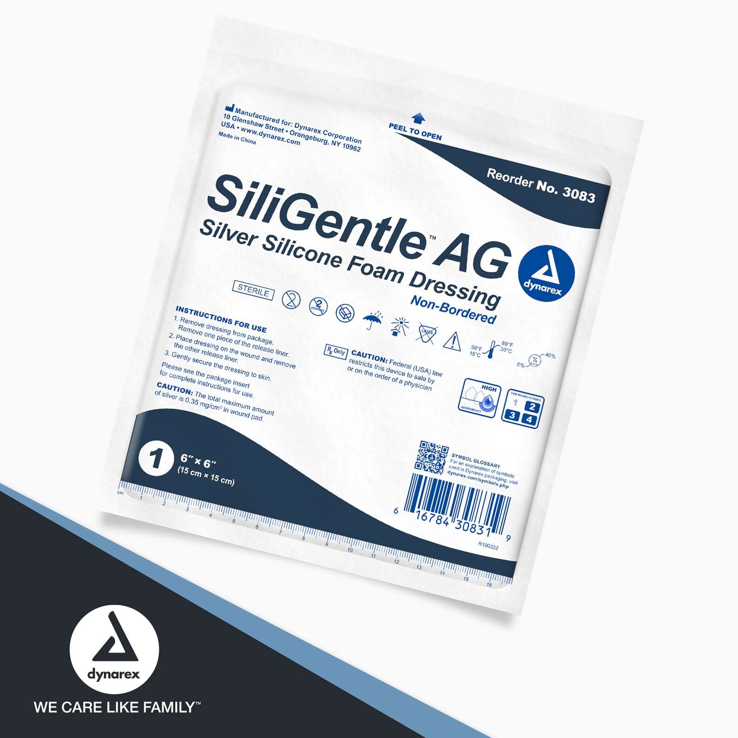 Dynarex SiliGentle AG Silver Silicone Foam Dressings, Wound Care, Soft & Absorbent, White, 6” x 6” Non-Adhesive Foam Pad Dressing with Silicone Layer, 1 Box of 10 Non-Adhesive Silicone Foam Dressings