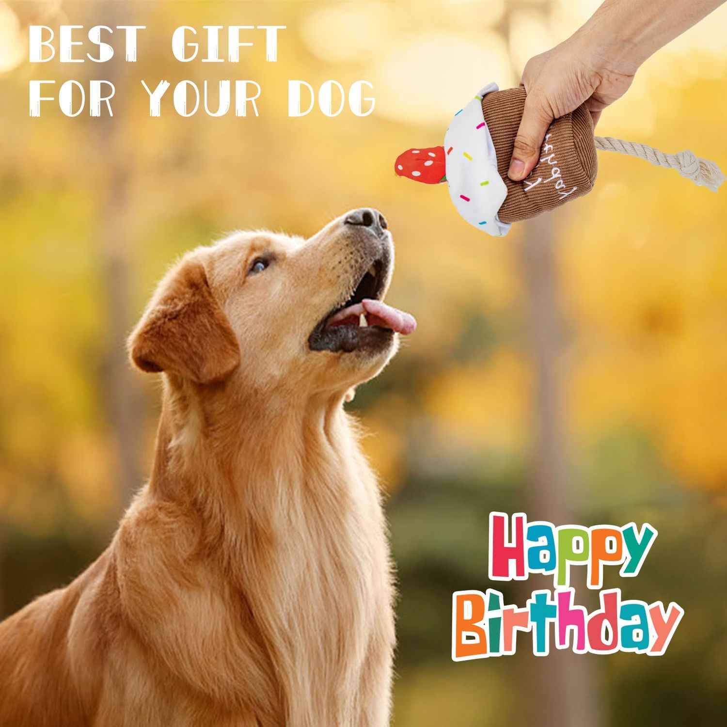 REQIHO Dog Birthday Toys - Dog Birthday Cake Toy, Strawberry Plush Squeaky Cake Dog Toy, Boy Girl Dog Birthday Gift
