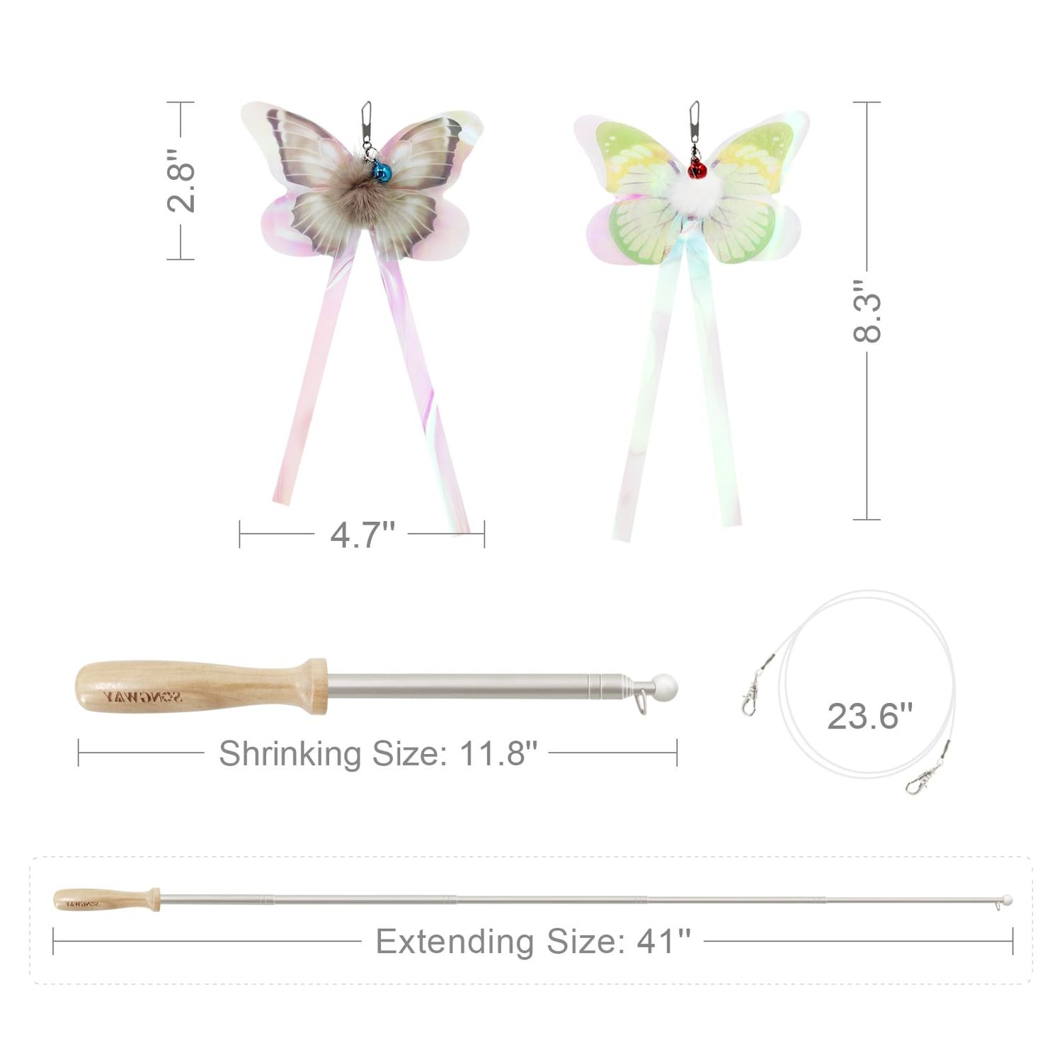 SONGWAY Cat Butterfly Toys Wand - 7 Pieces Cat Toy Set, Retractable Cat Wand with 6 Butterfly Cat Toys Replacement with Bells, Interactive Cat Toys for Indoor Cats Kittens