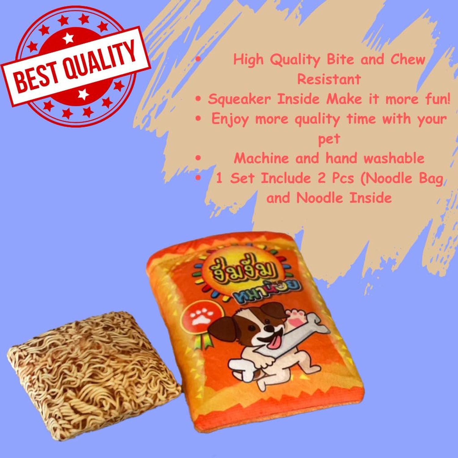 Ohmypet Dog Chew Toys Thai Instant Noodles Crinkle Bag Interactive Squeaky Dog Toys Gifts for Small,Medium Dogs