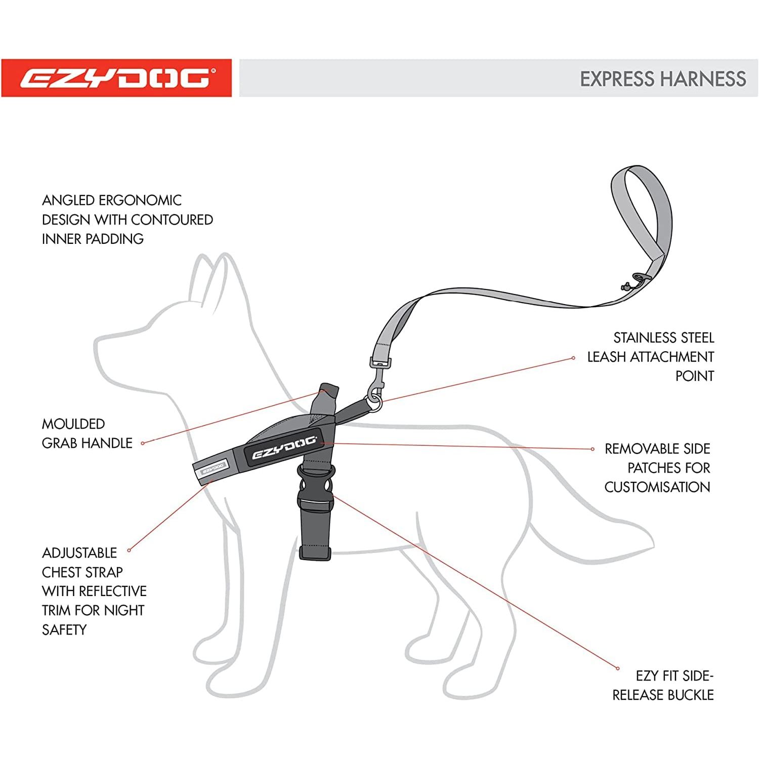 EZYDOG Express Dog Harness | Dog Harness for Small, Medium and Large Dogs, Angled Ergonomic Design, Moulded Grip Handle, Easy Release Side Buckle (L, Purple)