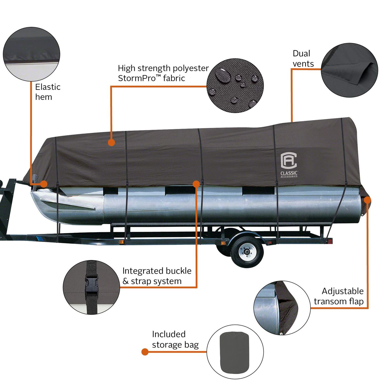 Classic Accessories StormPro Dark Grey Heavy-Duty Pontoon Boat Cover, Fits Pontoon Boats 17 Foot - 20 Foot L x 102 Inch W, Marine Grade Fabric, Water-Resistant, Trailerable