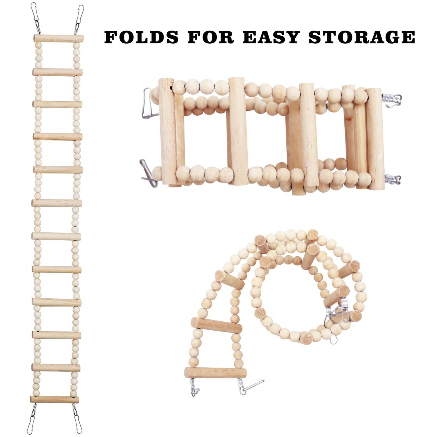 Long Bird Ladder with Wooden Rungs and Beads, Parakeet Climbing Swing Toys, Bird Cage Accessories, Wooden Climbing Bridge Toys for Parrots, Rat, Sugar Gliders, Squirrels, Snakes