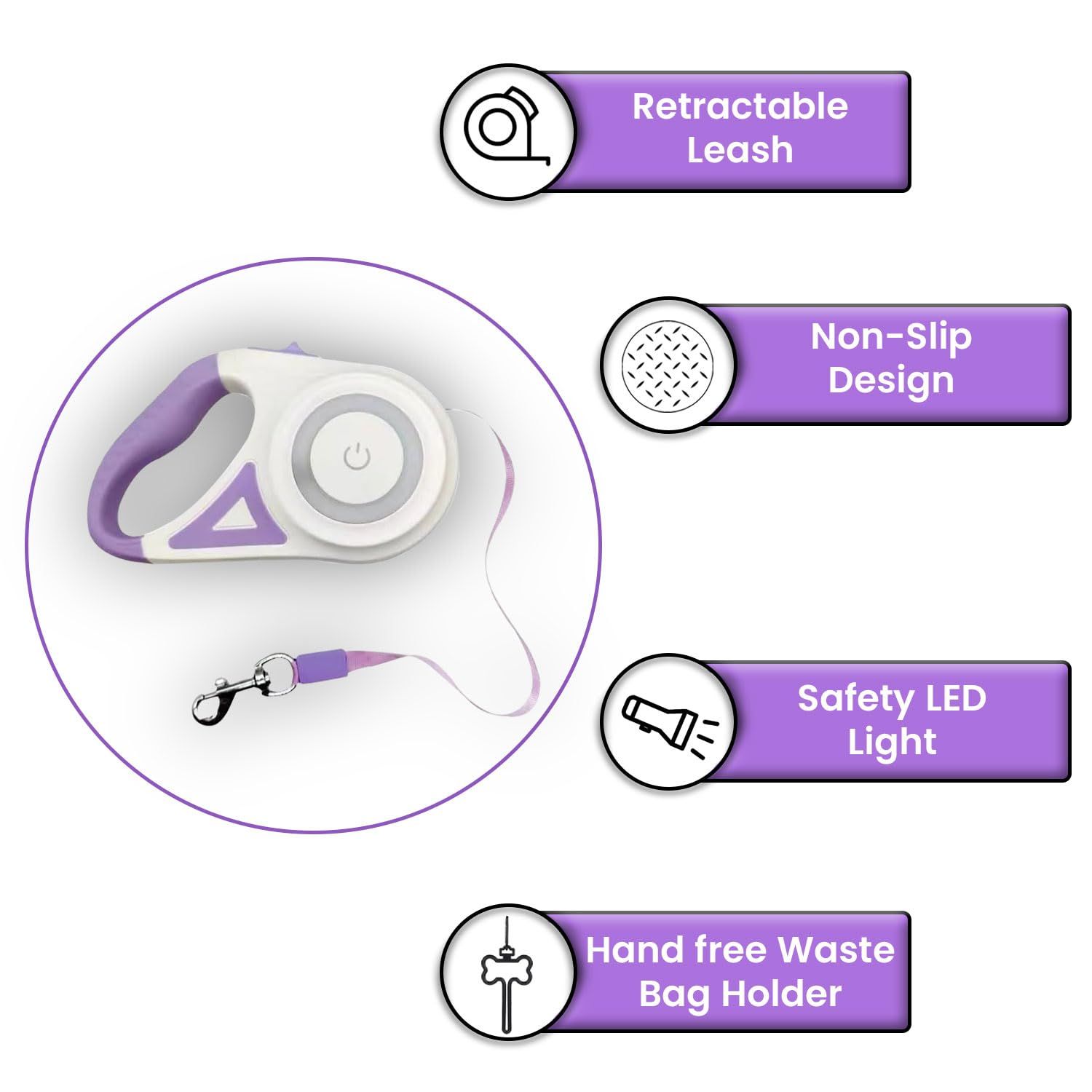 Best Dog Supplies | Pink Retractable Dog Leash with Light, Poop Bag Dispenser, Poop Bag Holder, 2 Elastic Ropes | Set of 4 (Purple)