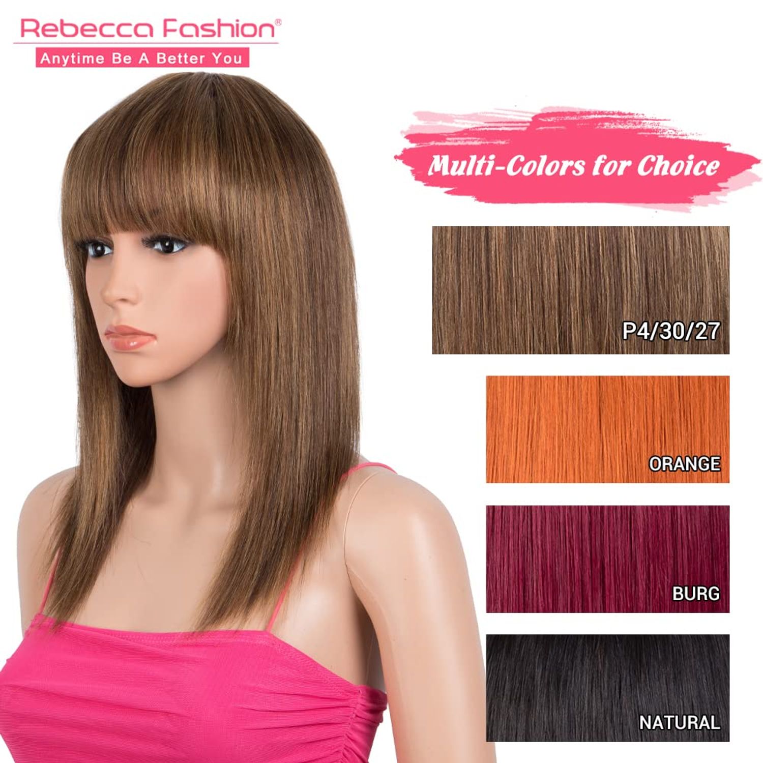 Rebecca Fashion 14 Inch Ombre Brown Straight Wigs with Bangs Human Hair Wigs for Black Women None Lace Front Wigs 10A Brazilian Virgin Hair Glueless Machine Made Wig, P4/30/27 Color
