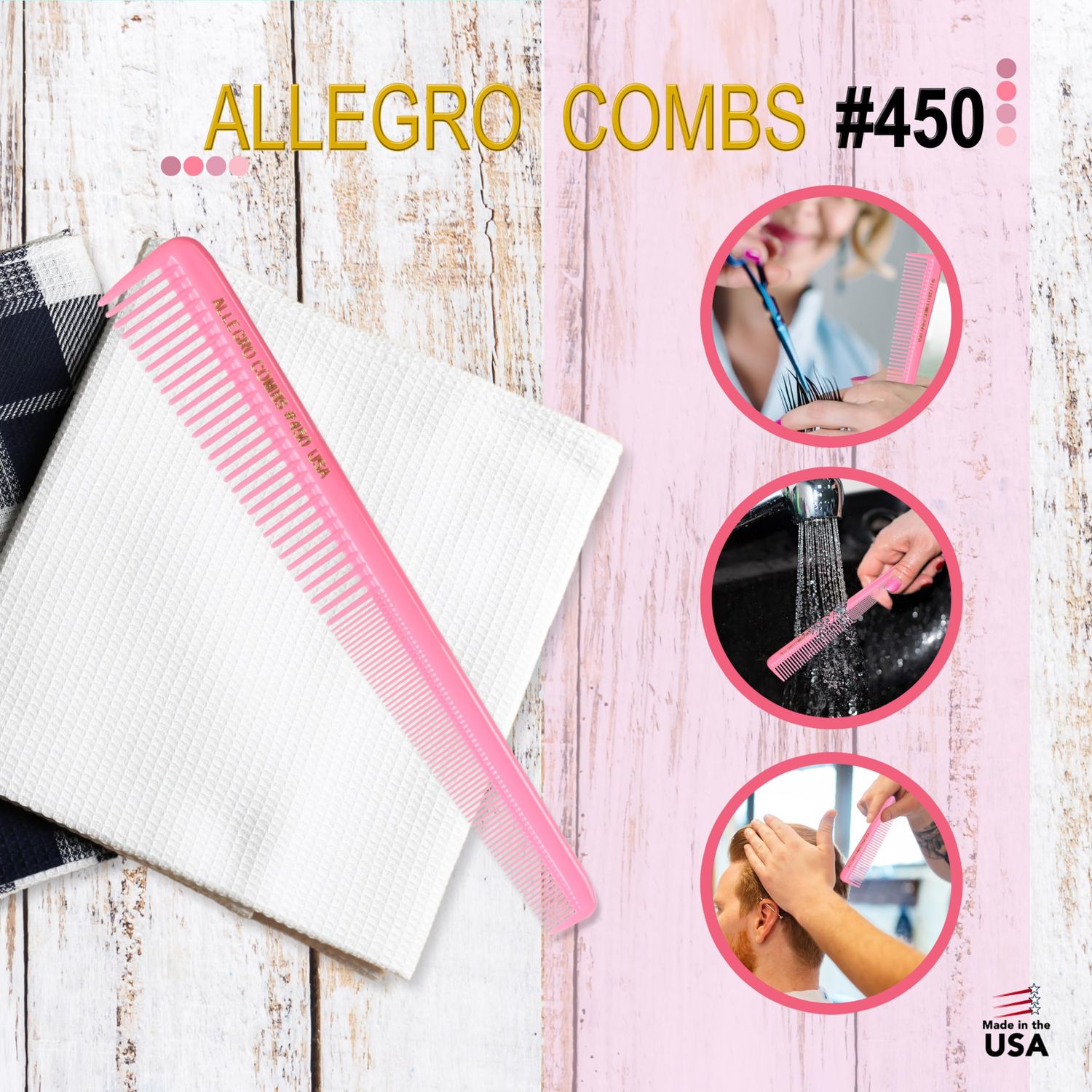 Allegro Combs 450 Tapered Hair Combs Barber Combs Hair Cutting Combs Women's Combs Men's Combs 6 Units (Fresh Pink)