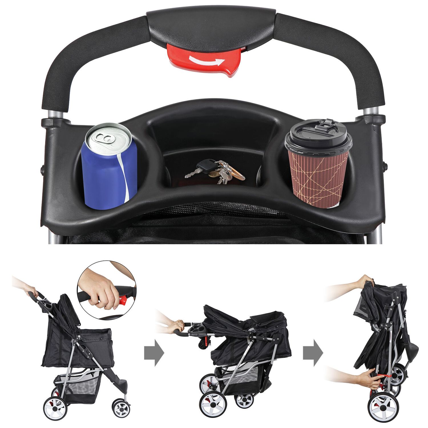 Dog Stroller Pet Travel Carriage 3 Wheeler w/Foldable Carrier Cart W/Cup Holder
