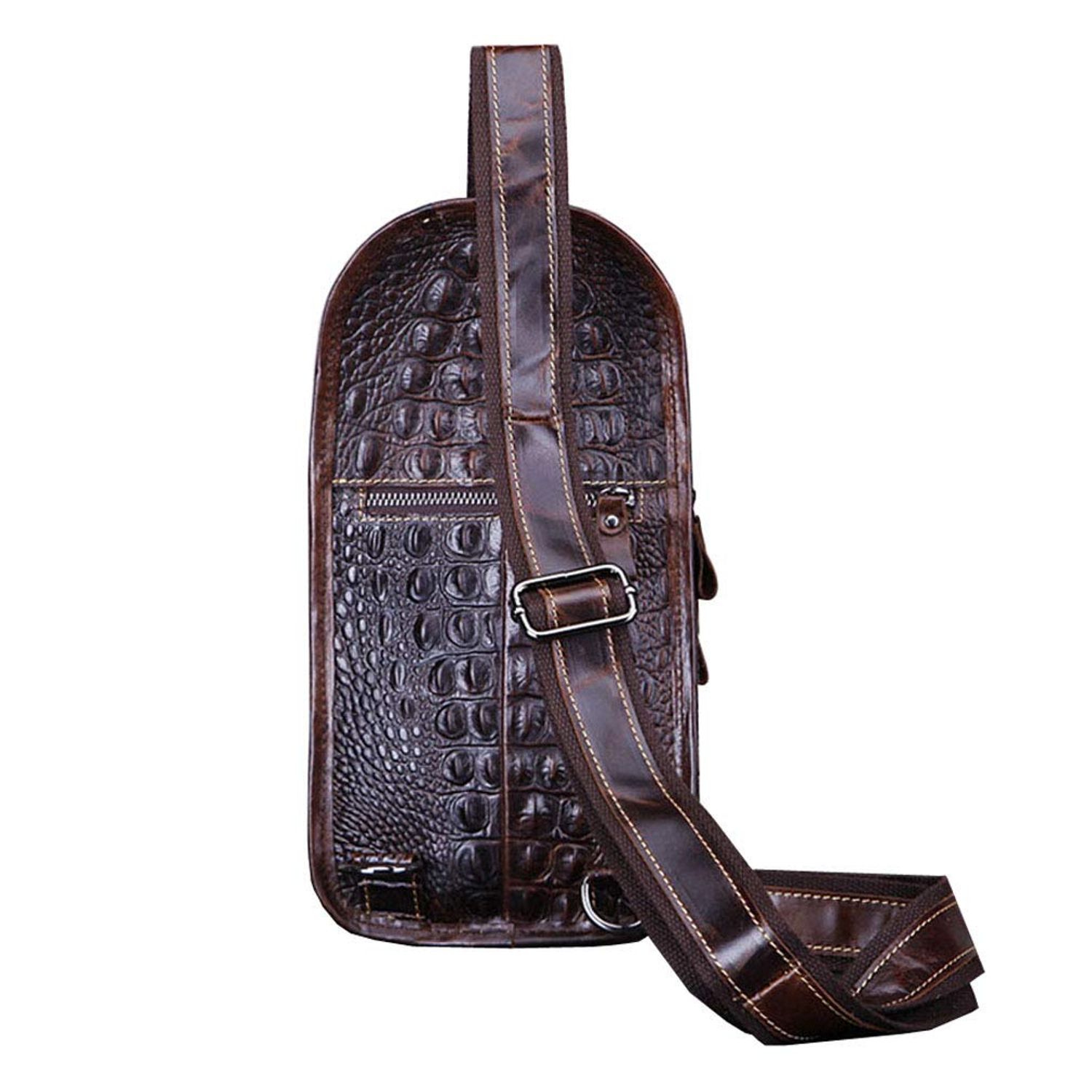 Hebetag Crocodile Genuine Leather Sling Crossbody Bag for Men Travel Outdoor Hunting Hiking Camping Shoulder Chest Pack Backpack Daypack Coffee