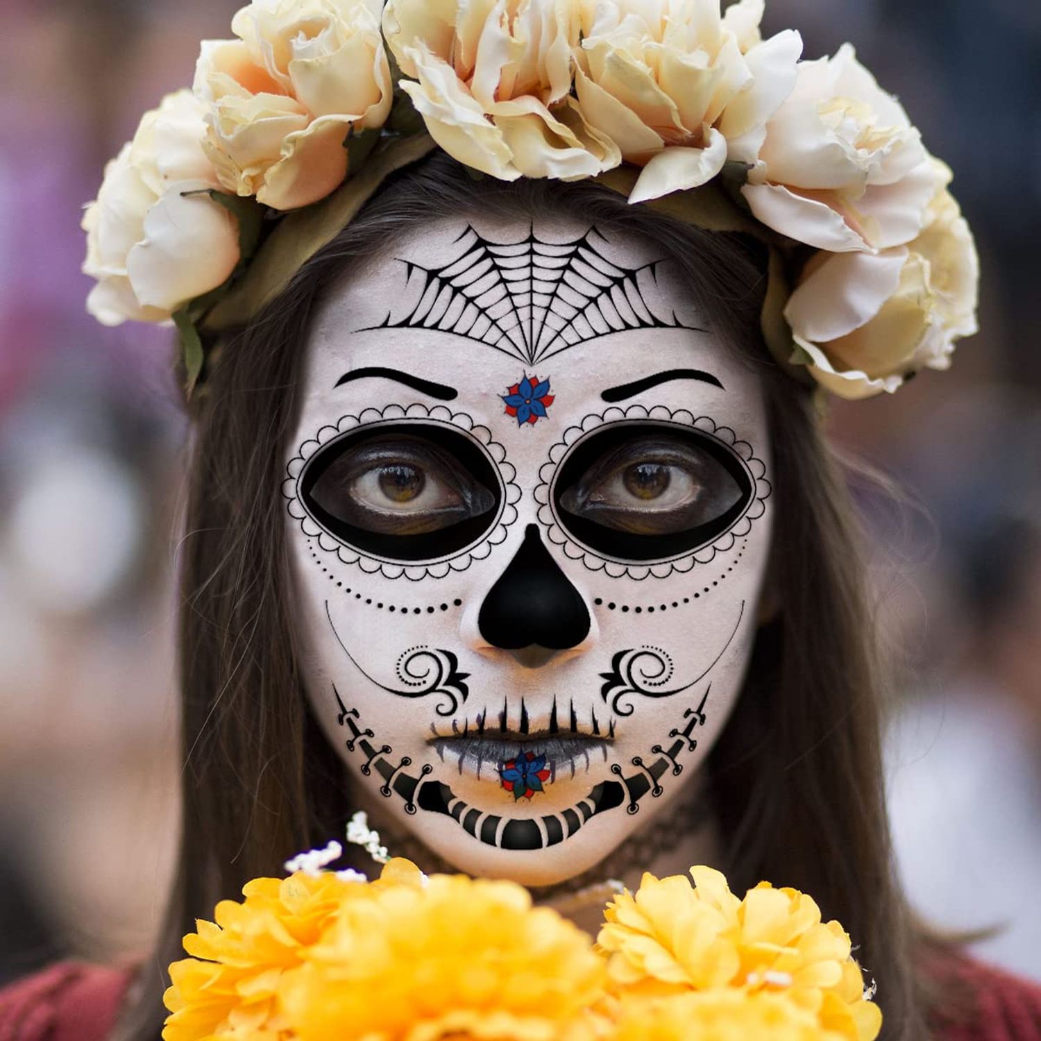 2024 Halloween Temporary Face Tattoo Sticker, Day of The Dead Full Face Makeup for Party Costume Sugar Skull Floral Skeleton Web Red Roses Tattoos(Style A)