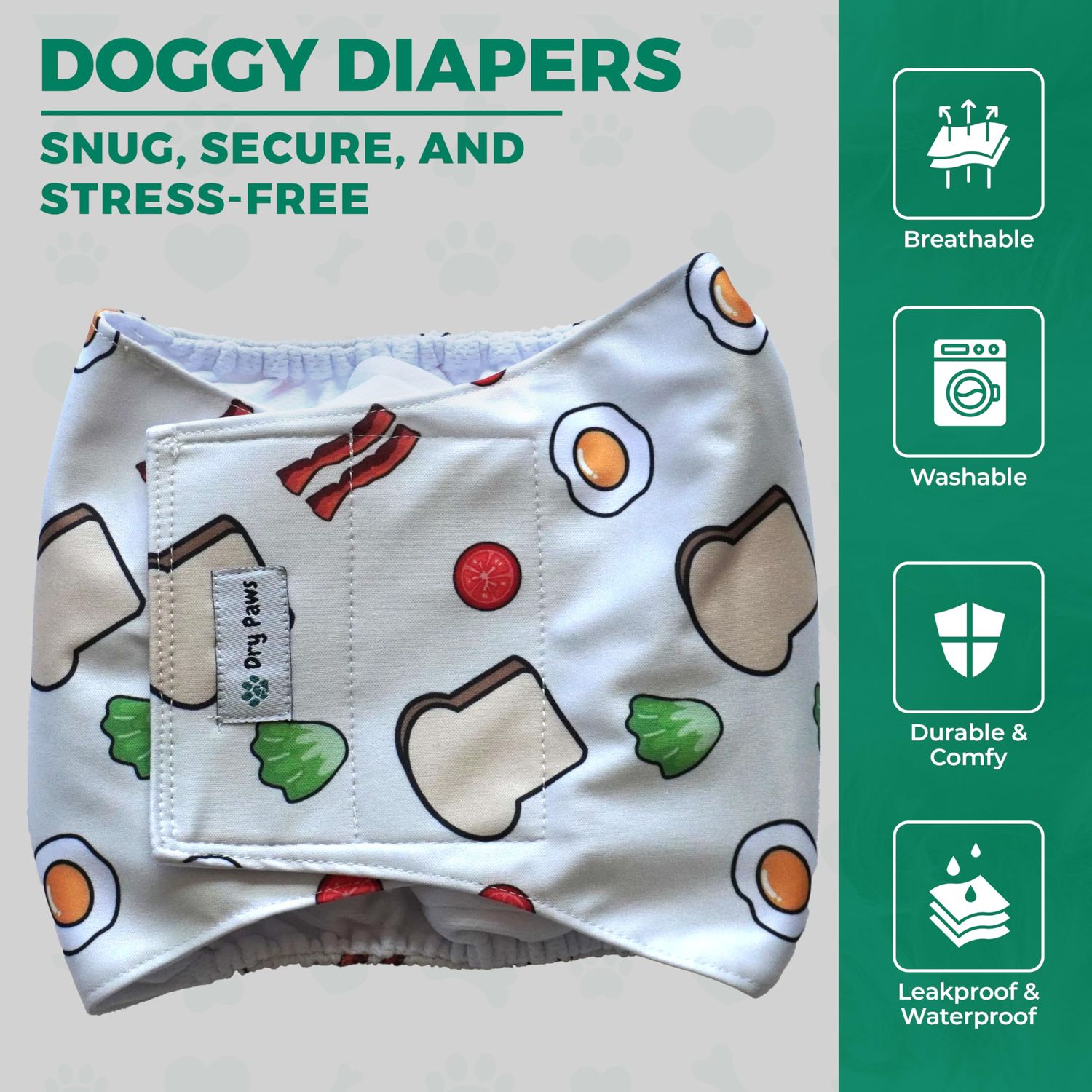 Dry Paws Doggie Diapers for Male Dogs - Pack of 2, Premium Quality, Leak Proof & Soft on Skin - Reusable Male Dog Diapers for Comfort & Potty Training - Extra Small with Breakfast Design