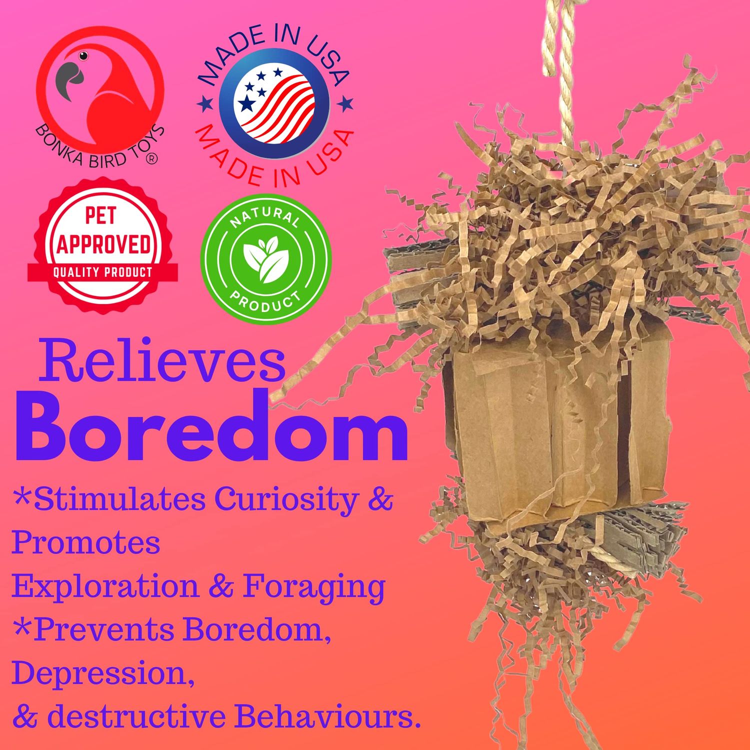 Bonka Bird Toys 3857 Medium Shreddy Eddy Foraging Shred Small Medium Bird Toy Cardboard Waffle Crinkly Paper Conures Parakeets African Greys and Other Similar Birds