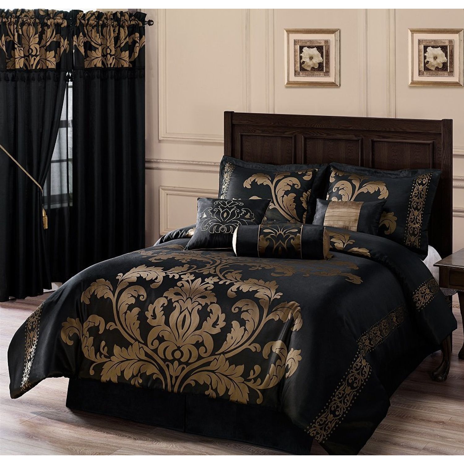 Chezmoi Collection 7-Piece Royale Jacquard Floral Comforter Set, Full/Double, Black/Gold