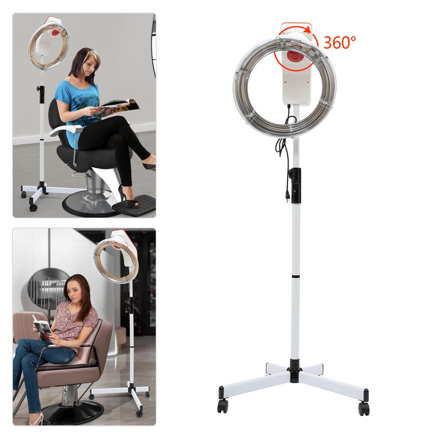 Professional Adjustable Hooded Stand-Up Hair Bonnet Dryer with Swivel Caster Rolling Base for Beauty Salon or Home Use 360 Degree Rotation Compatible White