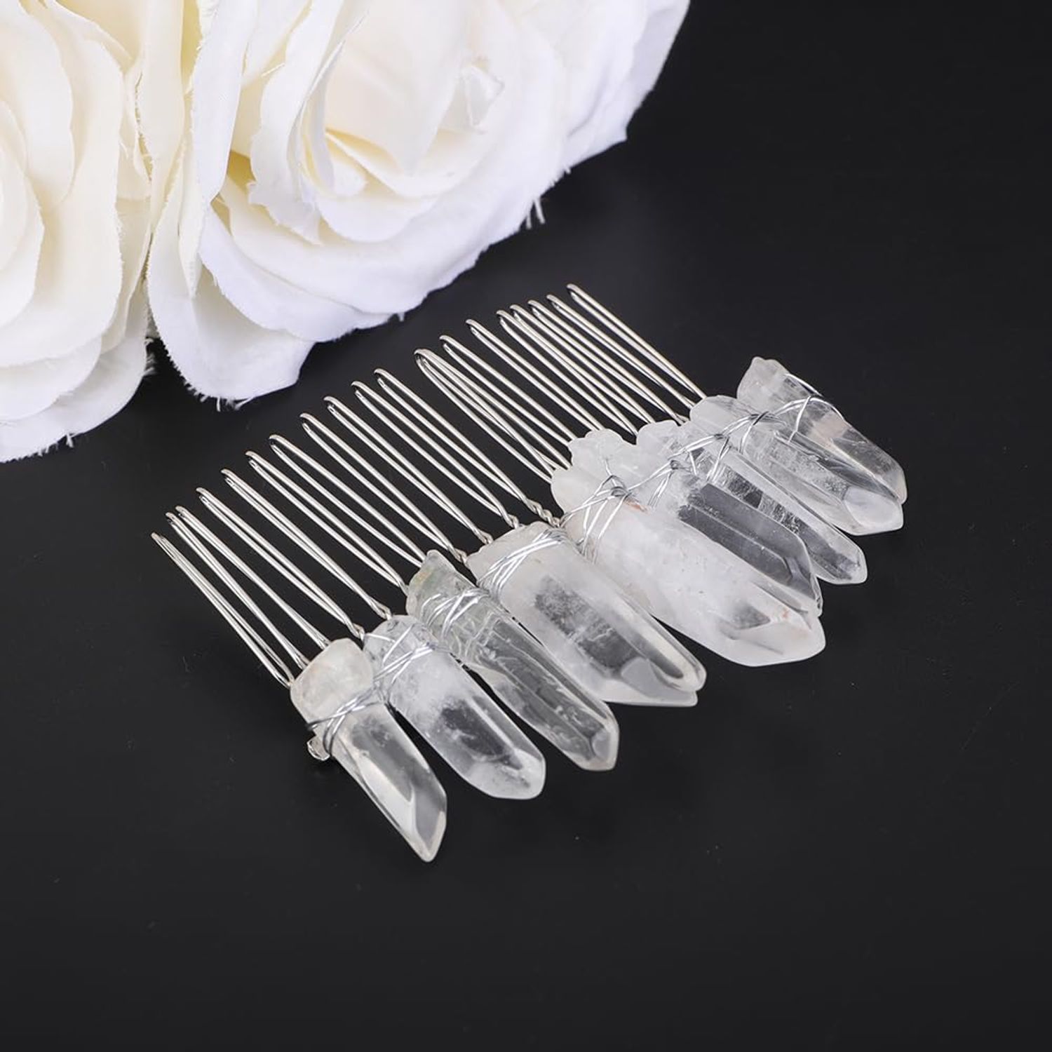 Teyglen Raw Crystal Quartz Hair Comb Clear Crystal Hair Side Comb Mermaid Rhinestone Hair Comb Sun Moon Goddess Headpiece Decorative Hair Accessories for Women Girls (Transparent)