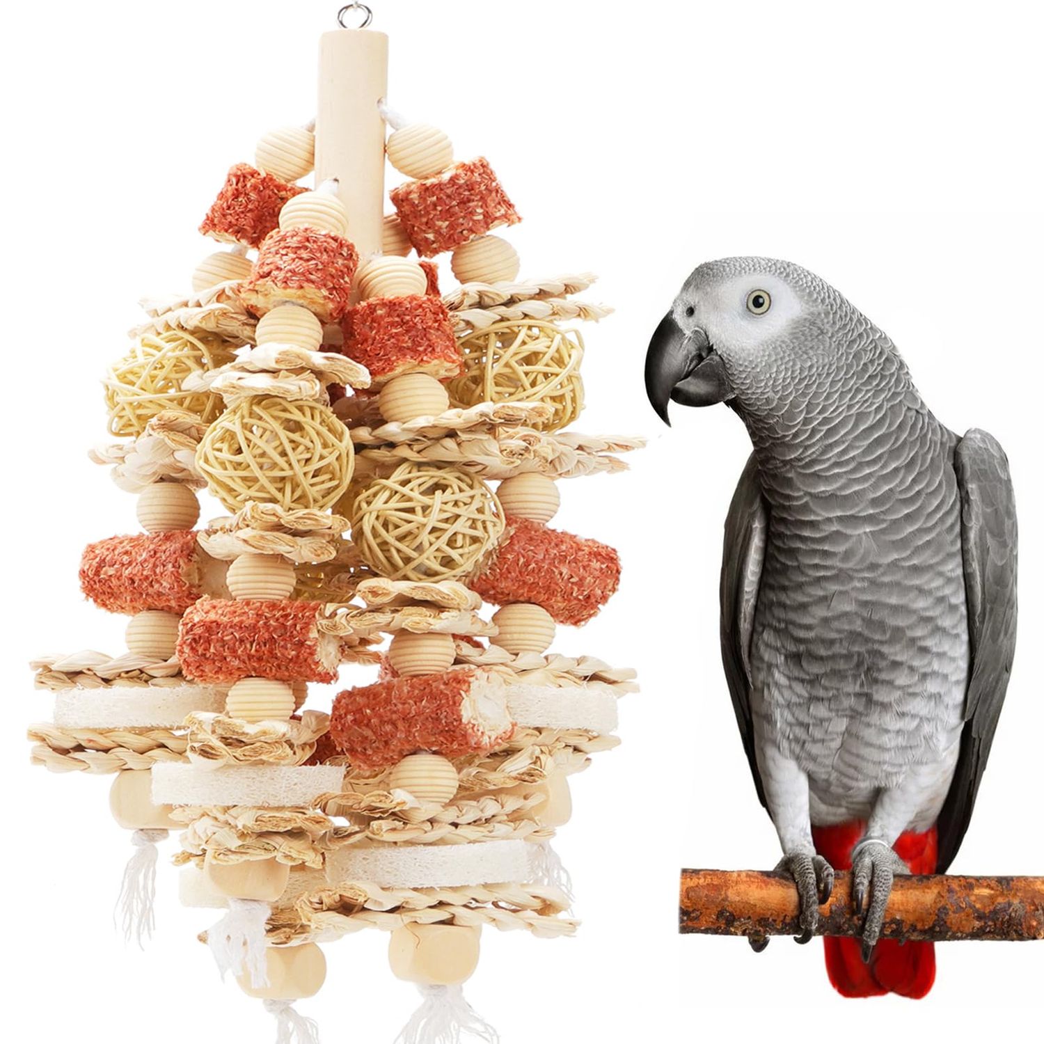 kencunay Bird Toys That is 17.5 Inches in Length, Parrot Toy Designed for Chewing Features Natural Corn cob and Loofah Slices, Can Be Hung in Large and Medium-Sized Parrot Cages