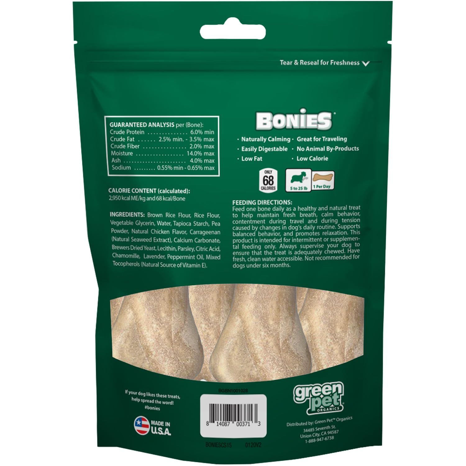 Bonies Natural Calming Formula Dog Treats - Contains Chamomile & Lavender, Help Anxiety, Excessive Barking and Trembling, Chicken Flavor, Small, 15 Bones