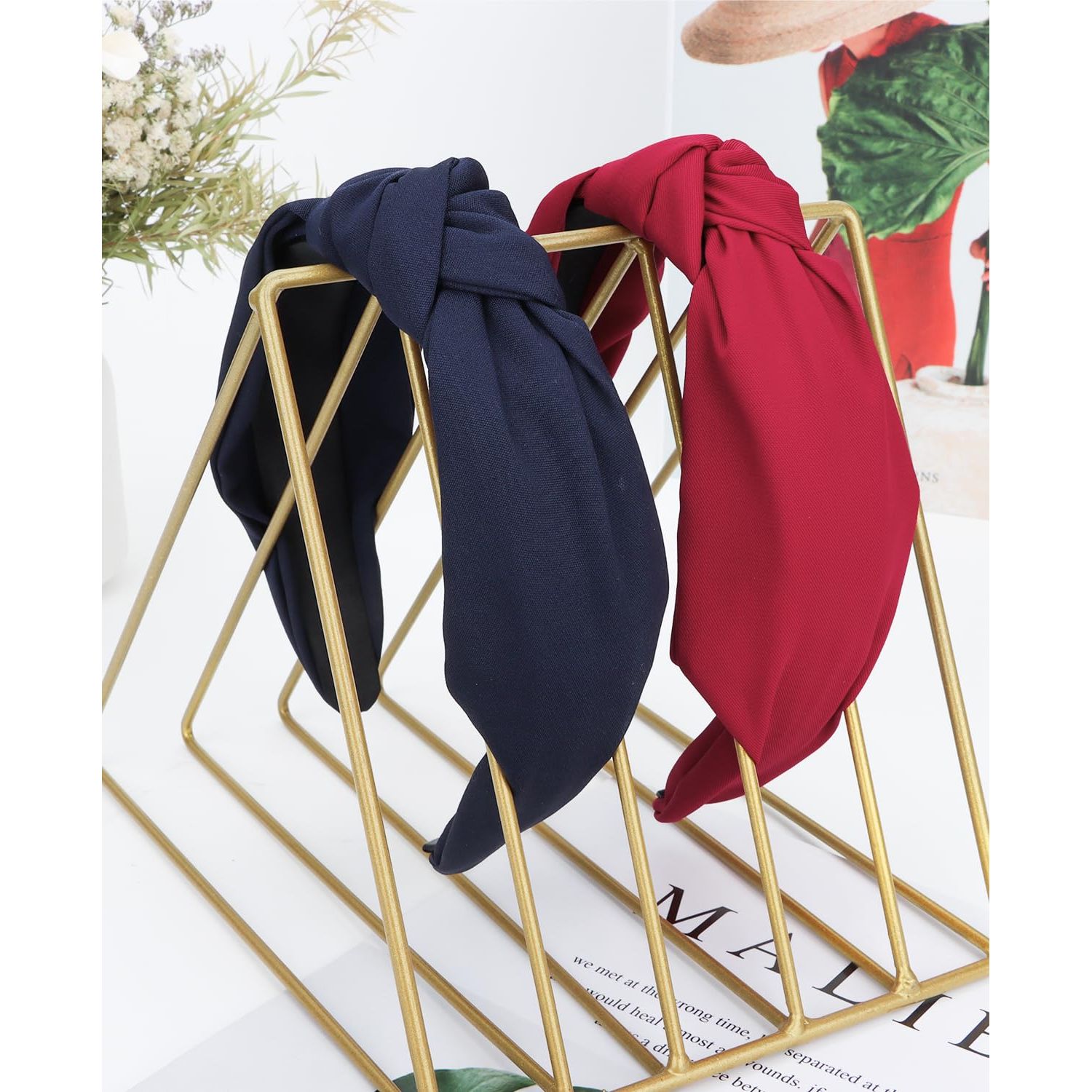 Wecoe 2 Pack Knotted Headbands For Women Red Navy Blue Wide Headbands Hair Bands for Women's Hair Non Slip Fashion Cloth Headbands Hair Accessories For Women Girls Diademas Coreanas Para Mujer Gifts