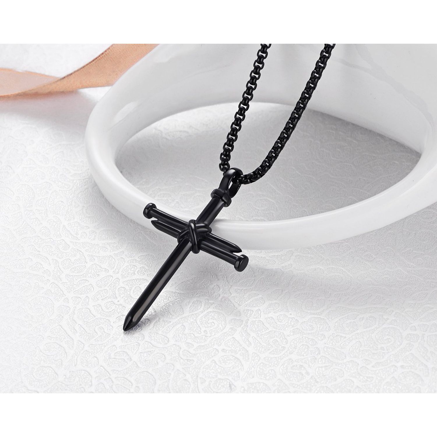 Rehoboth Men's Stainless Steel Nail Cross Pendant Necklace for Boys Womens Mens With 24 Inch Chain Polished Black