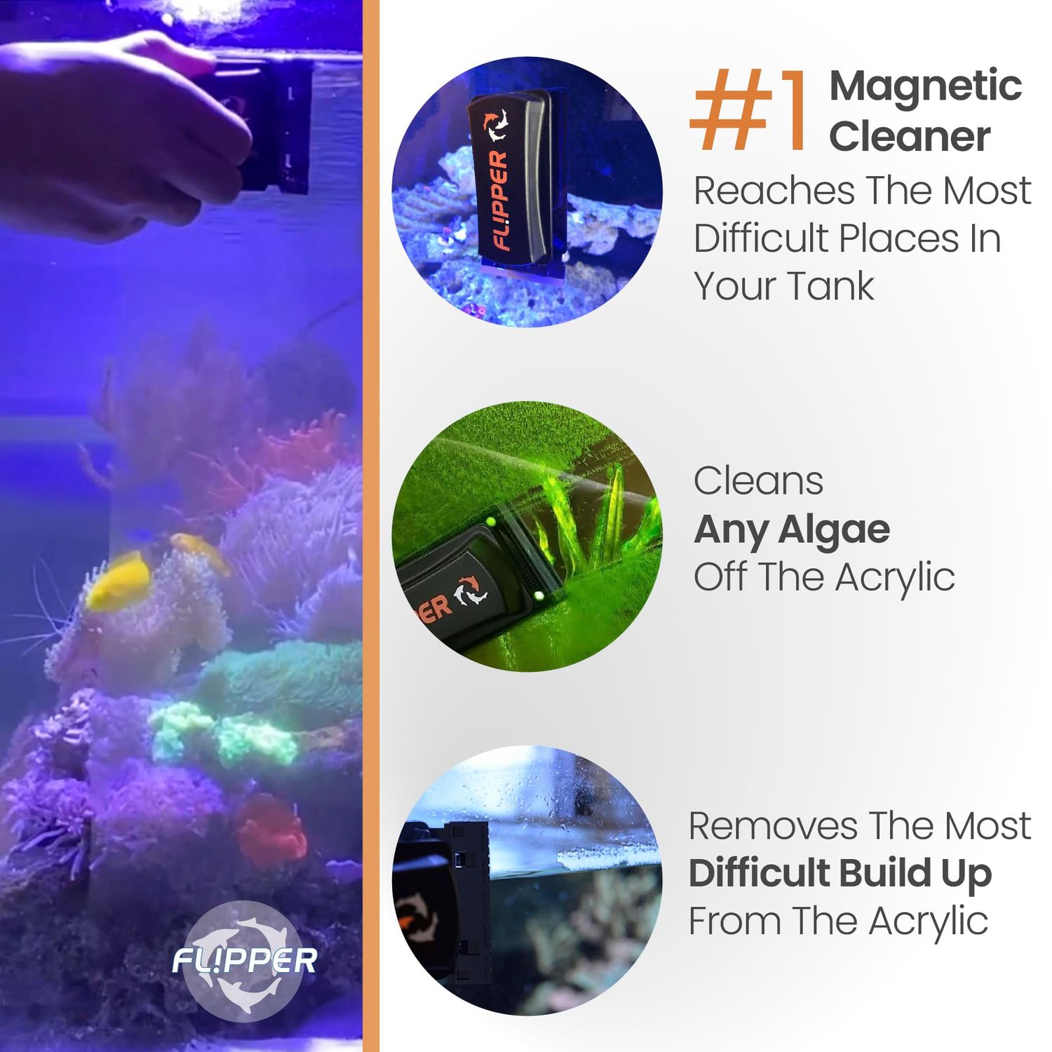 FL!PPER Magnetic Aquarium Cleaner - Acrylic Replacement Blades for Acrylic tanks Standard up to 1/2" - 3 Pack