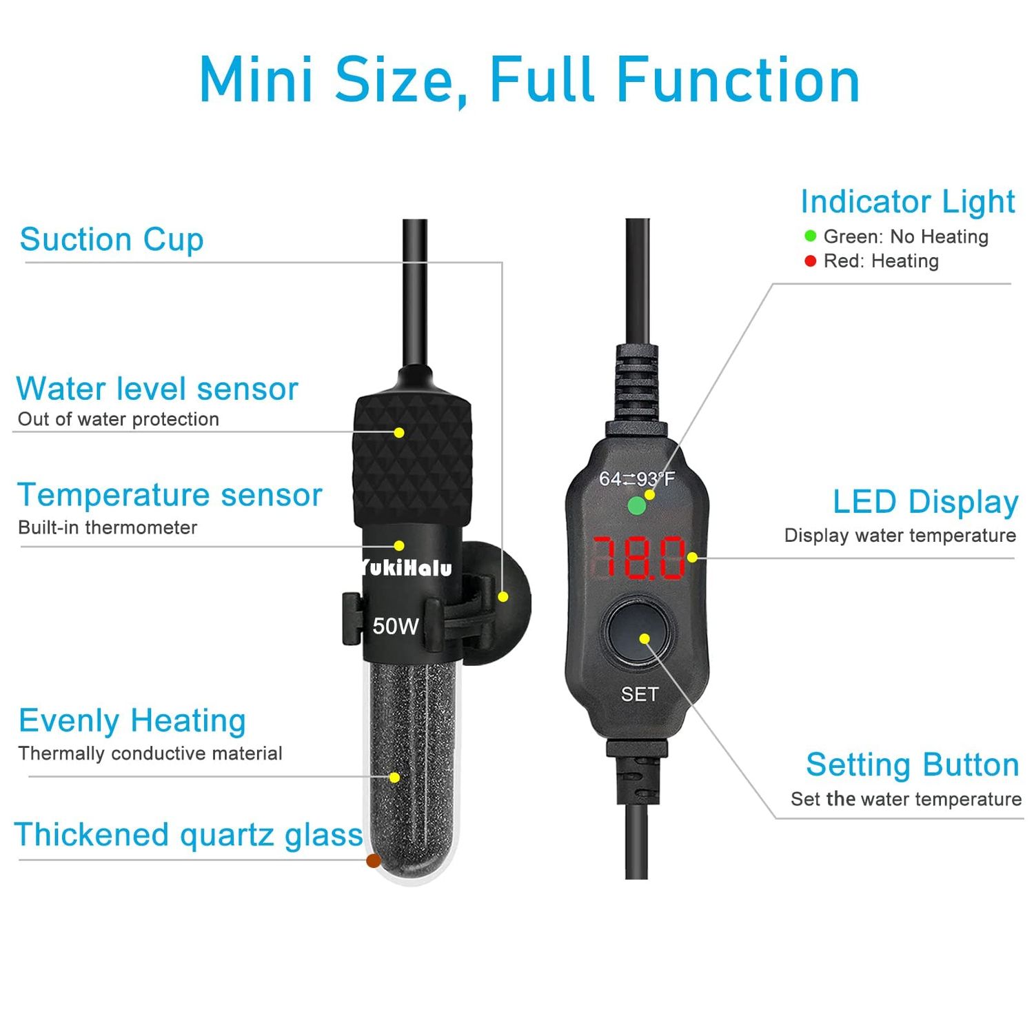 YukiHalu Small Submersible Aquarium Heater, Adjustable Mini Fish Tank Heater 25W 50W 100W 200W 300W with External Temperature Controller, LED Display, Used for 5/10/20/40/60 Gallons (25 Watts)