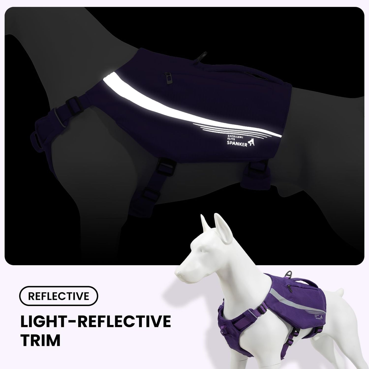 EXCELLENT ELITE SPANKER Y-Shaped Reflective Dog Backpack with Handle Pockets No Pull D-Rings Lightweight Hiking Gear for Dogs Hunting Camping Travel (Purple)