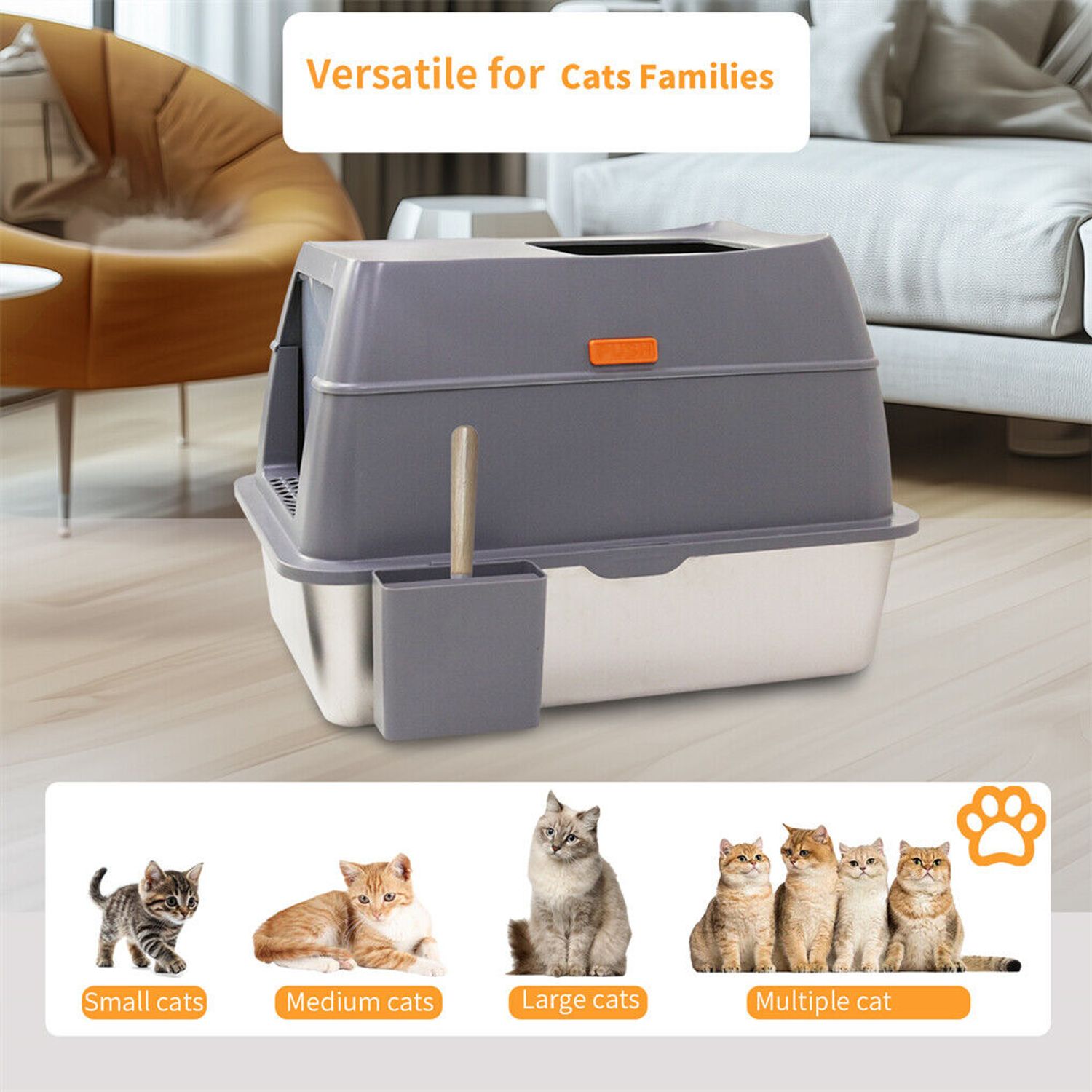 Large Enclosed Cat Litter Pan Easy Cleaning Stainless Steel Cat Toilet Box w Lid