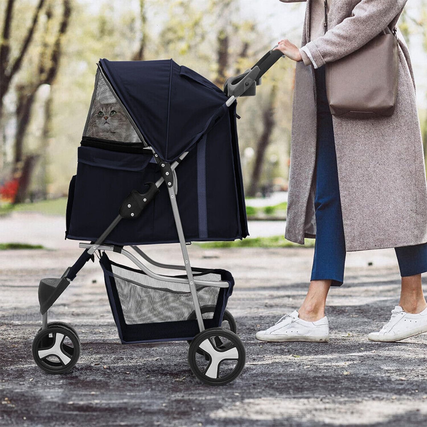 Foldable Pet Stroller fr Cats &Dogs 3 Wheels Carrier Cart w/Cup Holder Navy Blue
