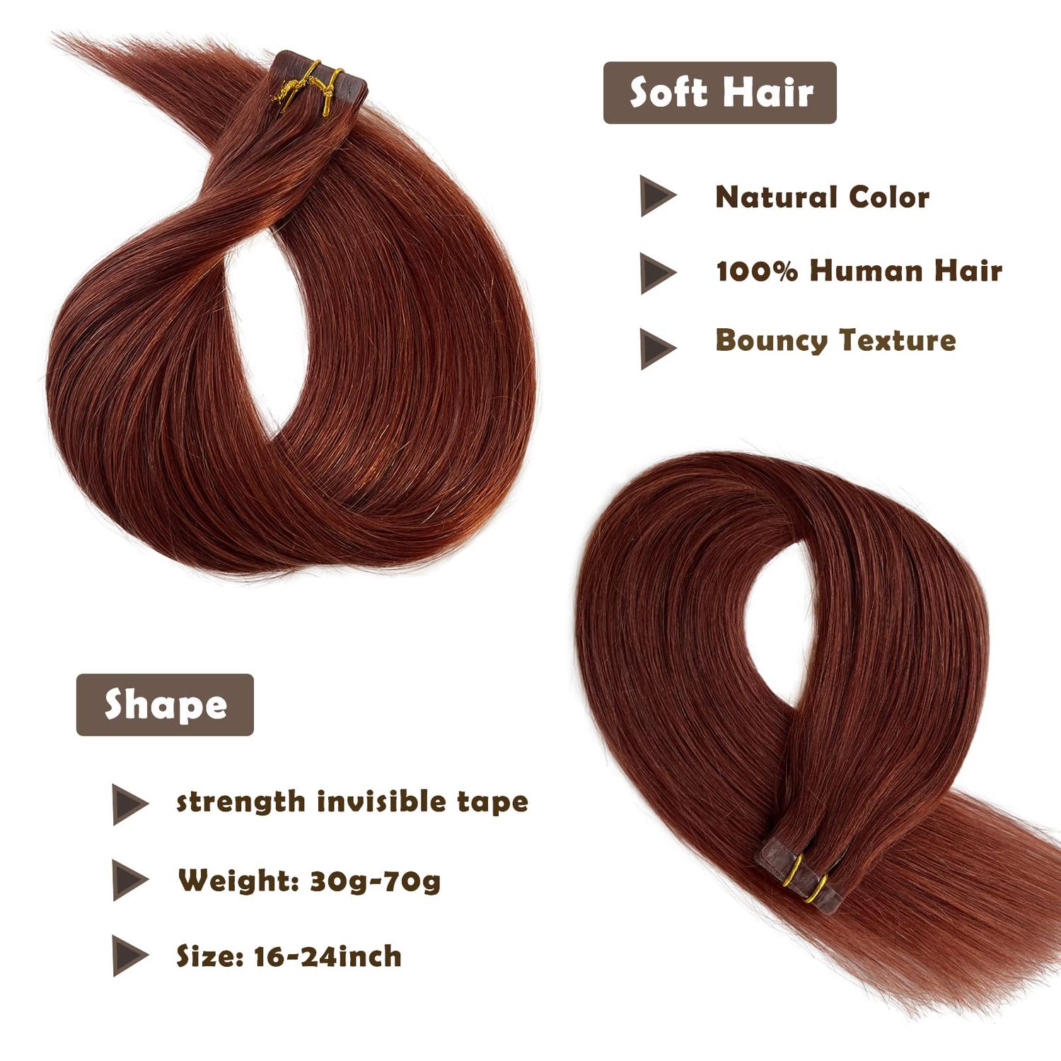 Munx Real Hair Extension Dark Auburn Tape in Human Hair Extension 18inch 20pcs 40g Tape in Remy Silky Straight Natural Hair Extensions