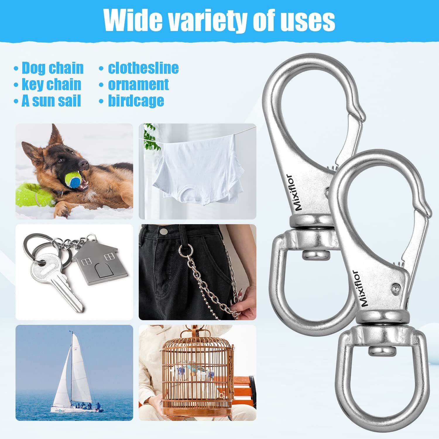Mixiflor Stainless Steel Swivel Eye Snap Hook, 4 Pack (4 Inch) Swivel Snap Hook Flag Pole Clips, Rotating Diving Clips Spring Hooks for Flag Poles, Dog Leash, Key Chain, Boat Anchor Rope, Bird Feeder