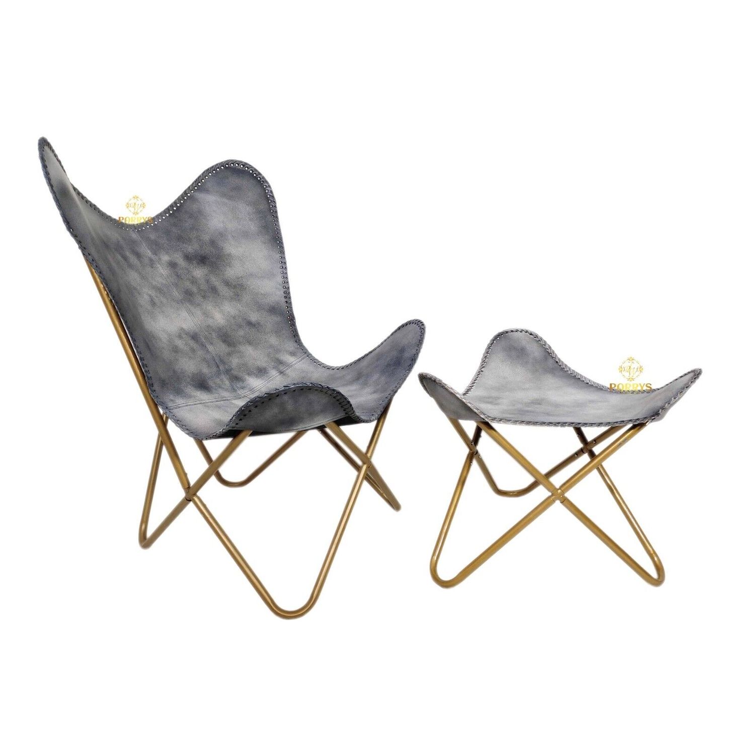 Butterfly Leather Chair & Ottoman – Gray Leather Folding Chair/Footstool