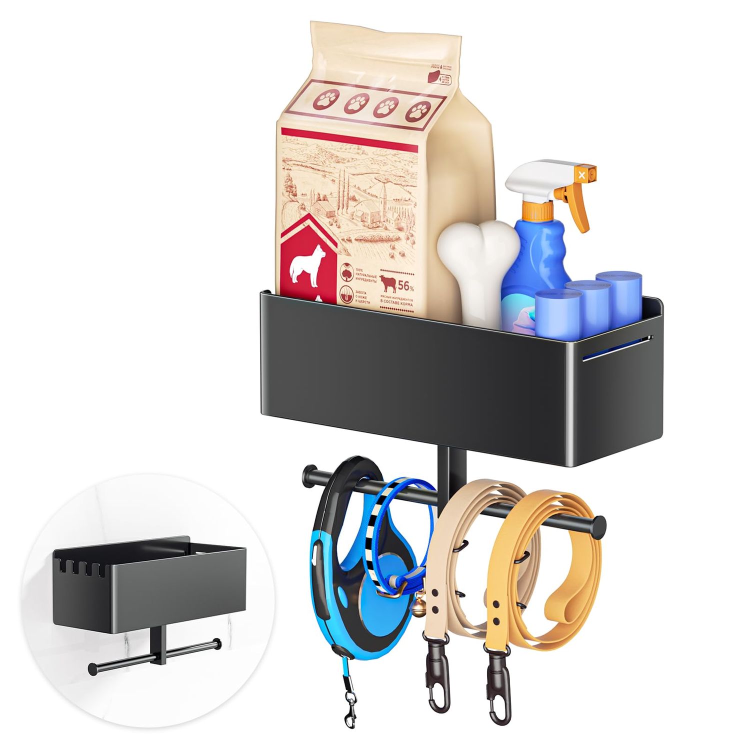 Dog Leash Holder for Wall, Dog Stuff Organizer with Shelf for Dog Poop Bag Holder, Dog Leash Hooks for Dog Supplies Storage, Dog Leash Hanger Organizer Rack for Dog Leash, Collar, Toys, Treats, Keys