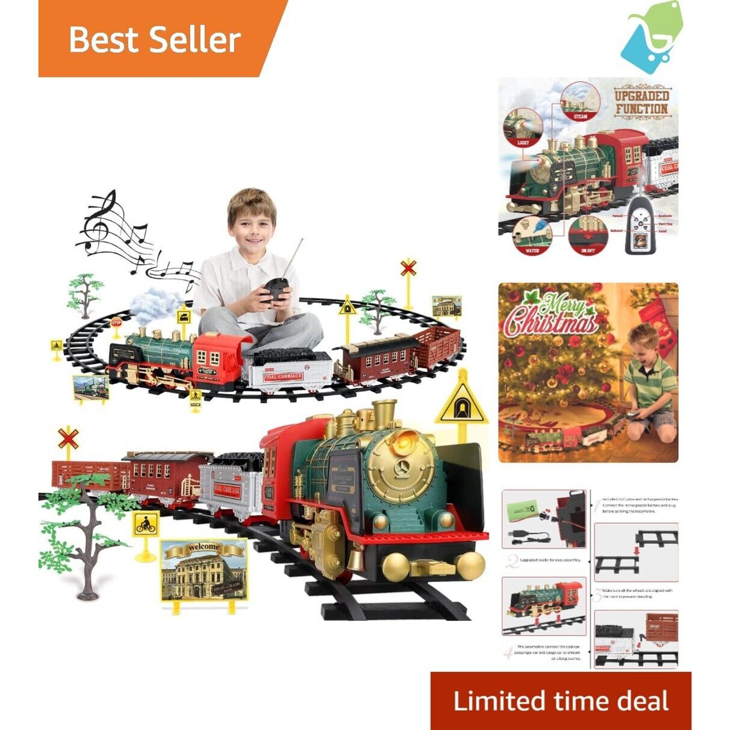 Christmas Electric Train Set with Remote Control, Sound, Light & Tracks, Kids 3+