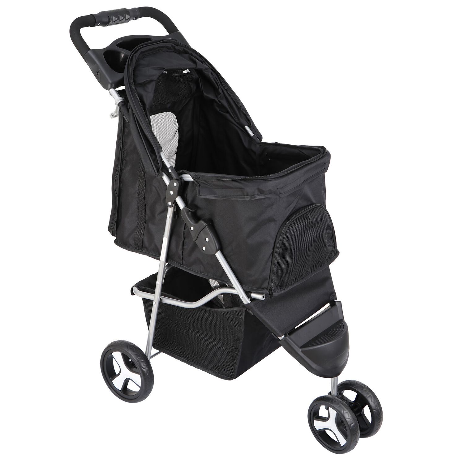 Dog Stroller Pet Travel Carriage 3 Wheeler w/Foldable Carrier Cart W/Cup Holder