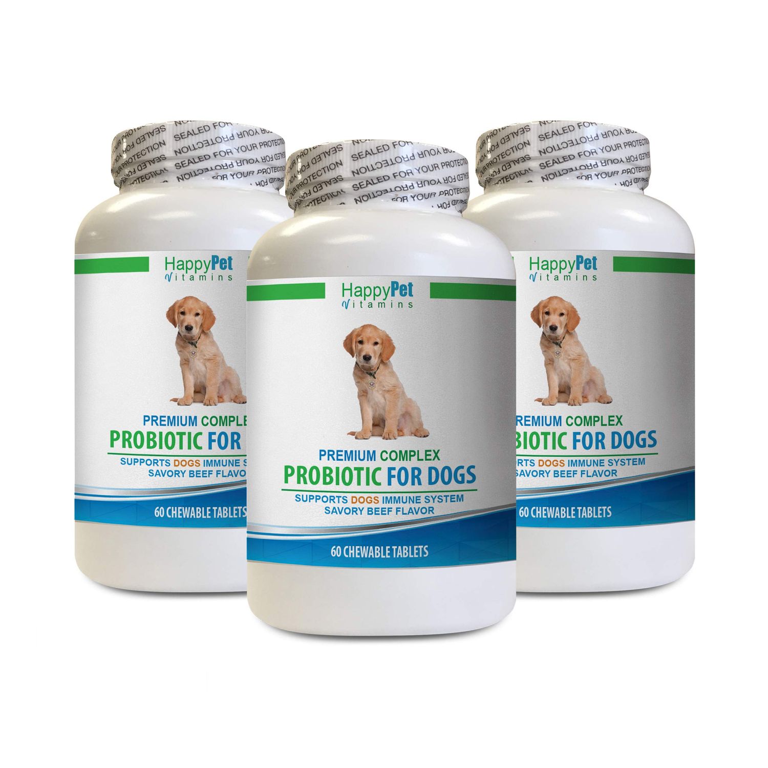 HAPPY PET VITAMINS LLC Dog Digestive Supplement - Dog Premium PROBIOTICS - Savory Beef Flavor - Stops Diarrhea Bad Gas Bad Breath - Gut Health - Dogs Bad Breath Tablet s - 3 Bottles (180 Treats)