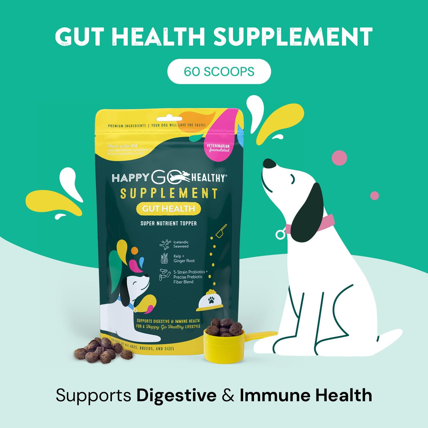 Happy Go Healthy Dog Gut Health Probiotics Supplement | Improves Digestive Health and Immune System Support for Dogs and Puppies | All Natural Ingredients Tasty Kibble Dog Food Topper | 60 Count Pack