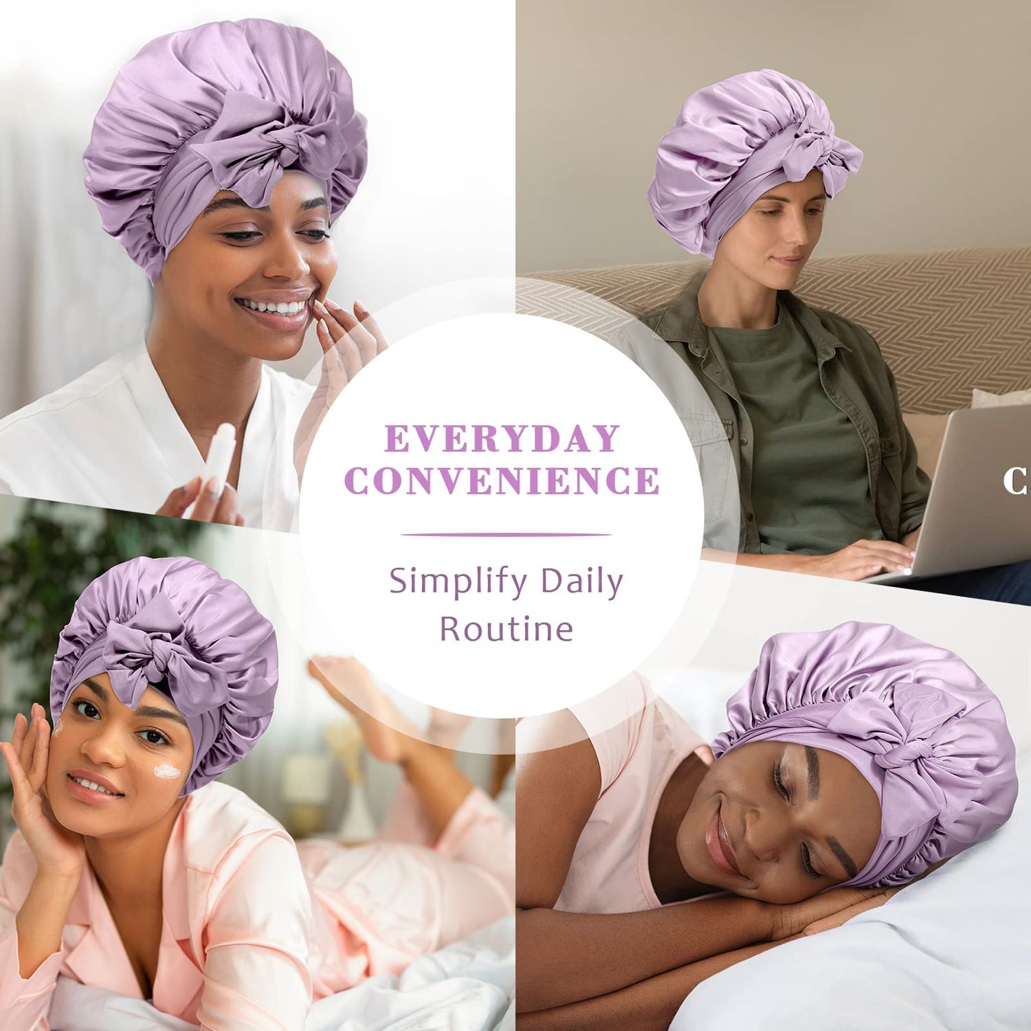 Satin Hair Bonnet Wide Band - Silk Like Sleeping Bonnets for Curly Hair Hair Wrap for Night Cap with Tie Band Breathable Satin Bonnet for Women and Girls(Purple)