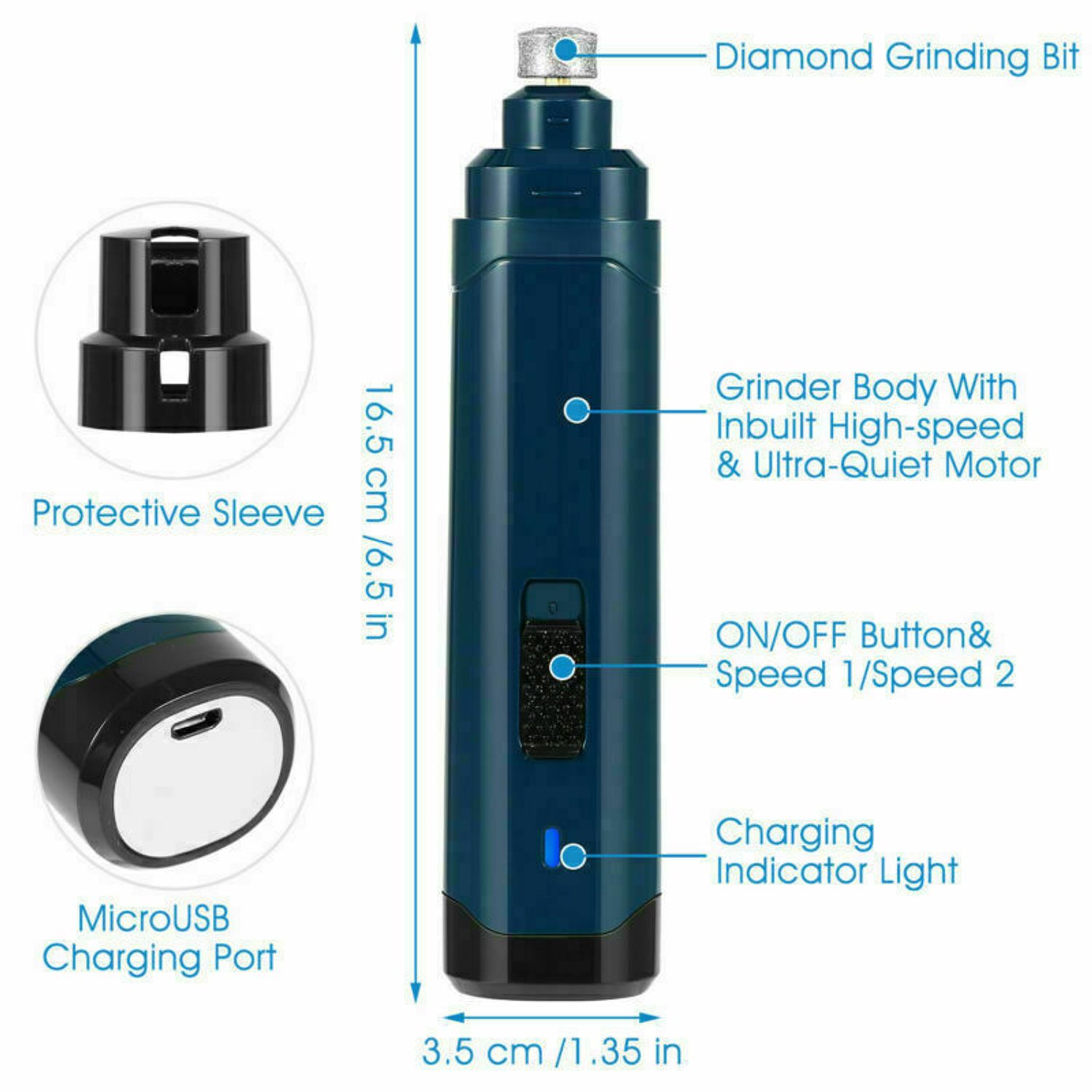 Dog Nail Grinder Upgraded 2 Speeds Quiet Electric Rechargeable Pet Nail Trimmer