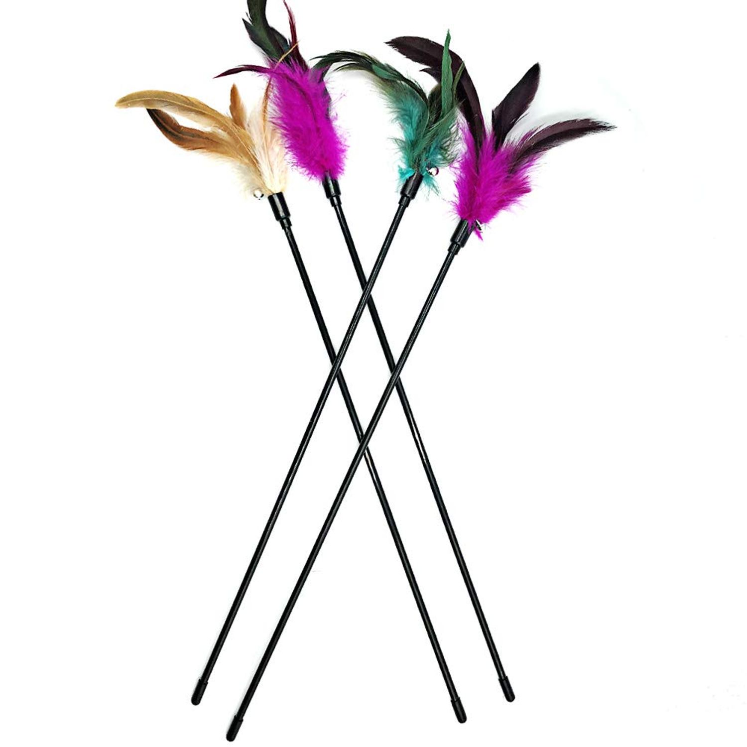 Cat Wand Toys, 4 PCS Interactive Cat Teaser Wand Cat Feather Toys with Loud Bell - 20" Long Wand for Cat and Kitten
