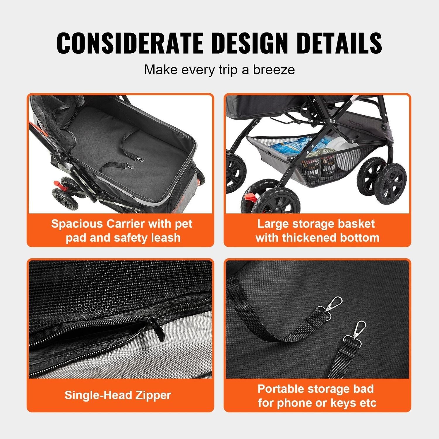 4-Wheel Pet Stroller 44lb Capacity Reversible Handle Storage Basket Travel Brake