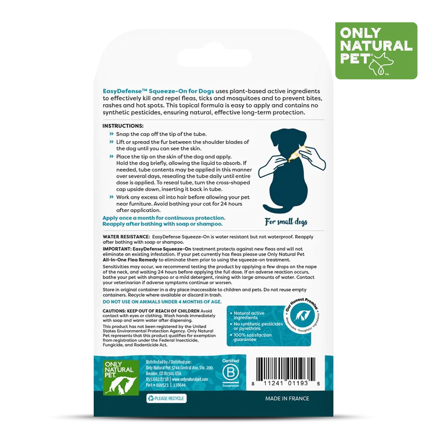 Only Natural Pet EasyDefense Flea & Tick Prevention for Small Breed Dogs (up to 15 lbs) - Natural Herbal Control, Squeeze-On Drops - Protects up to 3 Months (Single Applicator per Month Supply)