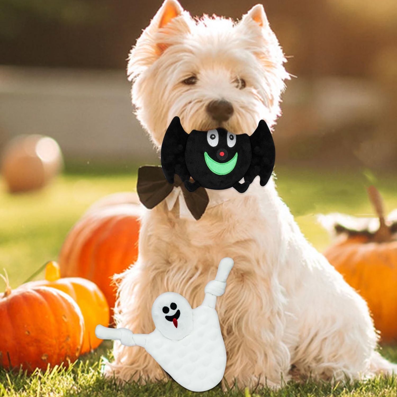 YUEPET 2 Packs Halloween Squeaky Dog Chew Toys, Funny Bat Ghost Plush Dog Toys with Crinkle Paper, Durable Stuffed Dog Toys for Cleaning Teeth for Puppies Small Medium Dogs
