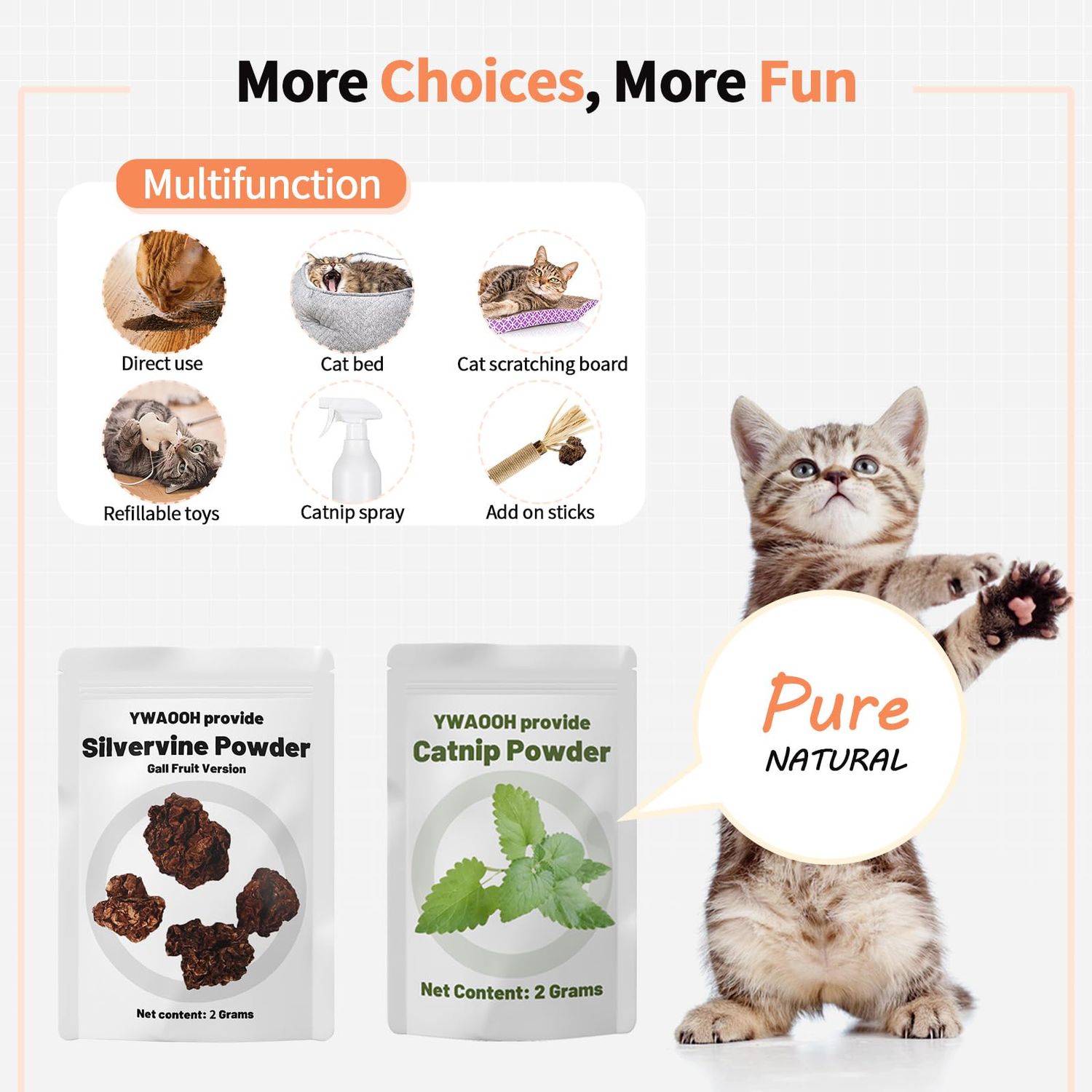 YWAOOH Cat Toys, 6 Silvervine Chew Sticks & 1PCS Organic Catnip & 1PCS Silvervine Powder, Cat Dental Toys for Kitten Teeth Cleaning, Matatabi Cat Toy