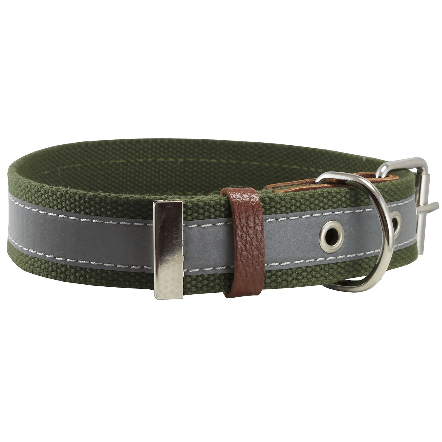 Cotton Web/Leather Reflective Dog Collar 20" Long 1" Wide Fits 14"-18" Neck, Basset Hound, Retriever