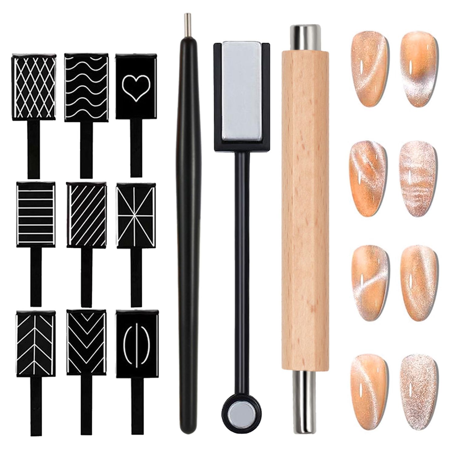 JERCLITY 12 Pieces Cat Eye Magnet for Nails Wooden Anti-Fall Handle Double-Ended Cylindrical Magnet Double-Headed Cat Eye Magnetic Stick Line Strip Magnetic for Cat Eye Gel Polish Nail Art