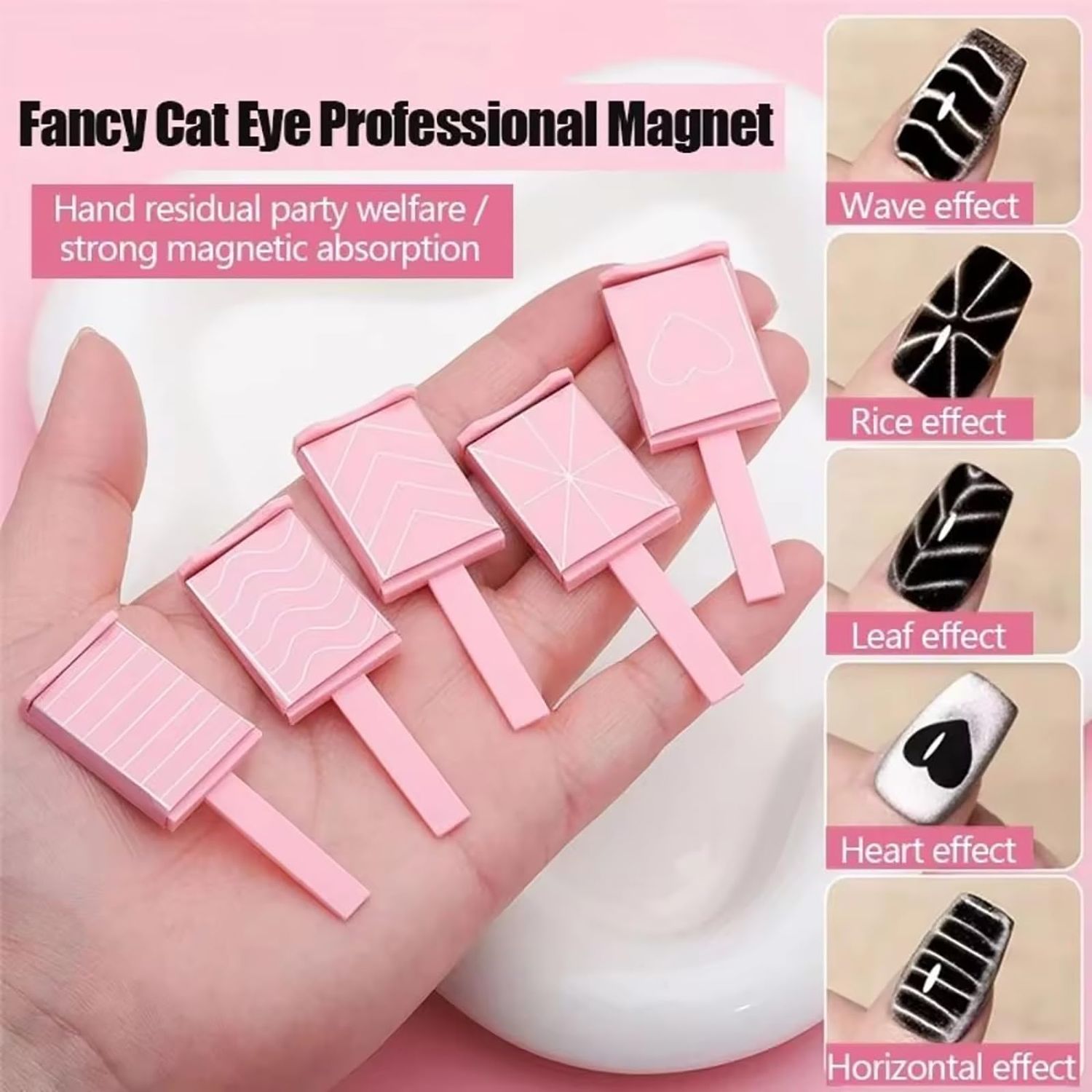 MOLILON 7Pcs Cat Eye Magnet for Nails, 5 in 1 Multi-function Nail Magnet, 5 Stripe Magnet Plates Nail Art Magnetic Cat Eye Gel Nail Polish Magnet Stick for Nail Salon or DIY Supplies - Pink Kit